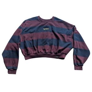 Levi's Striped Cropped Crewneck Sweatshirt Burgundy Navy Casual Streetwear